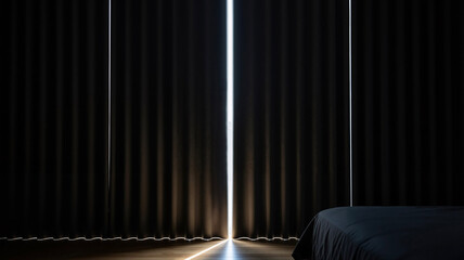 Bedroom interior with thick dark gray floor-to-ceiling curtains  