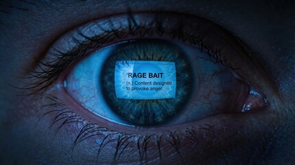 A close-up of a human eye with 'RAGE BAIT' definition reflected in the iris. Represents content designed to provoke anger in the digital age. Ideal for media manipulation or social issues.