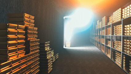 Generic gold reserve vault with stacks of gold bars. Bank vault with gold and cash. 3d rendering