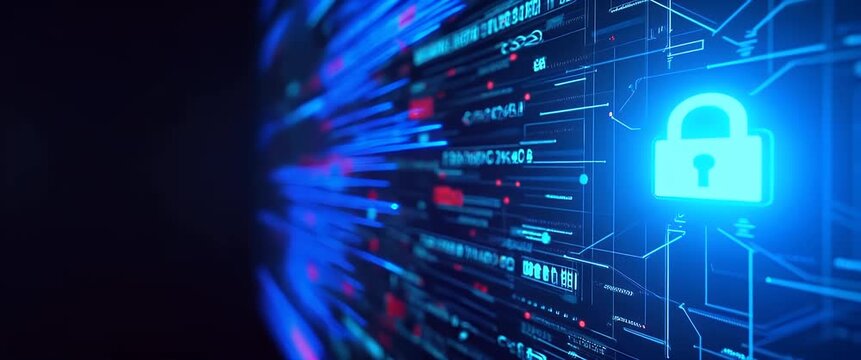 Cybersecurity shield icon glows on a digital network interface, as camera slowly pans across dynamic data streams in a futuristic, cinematic style, emphasizing security technology themes.