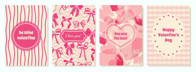 Retro Posters For Valentine's Day. Romantic checkered background, frames, hearts and bows.  Greeting cards on social media, ads, branding, banner, cover, label