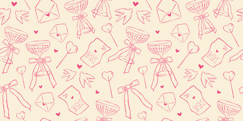Seamless Romantic Pattern Horizontal background With Hand draw Champagne Glasses, Lovebirds, Bows, Envelopes, Love Letters. Vector Background for Valentine's Day Greeting Cards