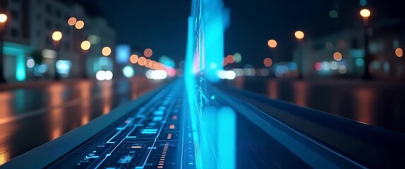 Futuristic data analytics interface glows vividly in a bustling urban nightscape, with dynamic graphs shifting subtly; camera glides steadily alongside, capturing the cinematic digital evolution. - Powered by Adobe