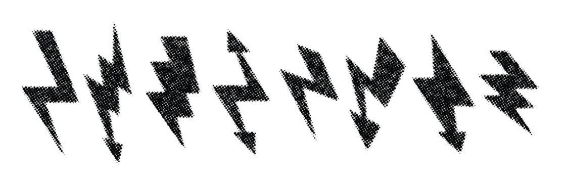 halftone grunge lightning bolt set dotted thunder bolt