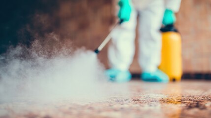Worker cleans floor with spray machine in indoor space during daytime