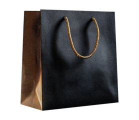 3D paper bag mockup premium black paper bag with gold foil logo luxury mood spotlight lighting three quarter view, Realistic Photo