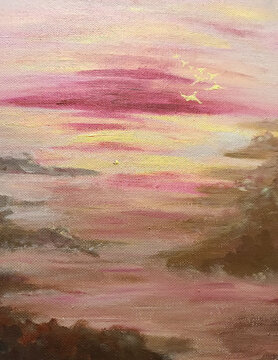 A morning seascape in pastel colors. Relaxing atmosphere. Slow life. Cozy wallpaper. A flock of light yellow swans taking flight. Sunrise. Coastal panorama. A small sailboat on the waters of the bay.