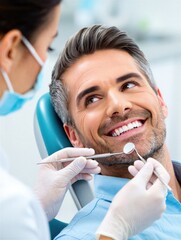 A dentist is checking a man's teeth with dental tools while he smiles confidently. Dental care and hygiene.