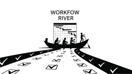 Business workflow process concept with team navigating checklist river