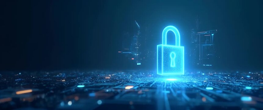 Neon lock icon hovers above a glowing circuit board, slowly rotating as the camera smoothly pans across the futuristic, digital landscape; cinematic, tech-focused ambiance.