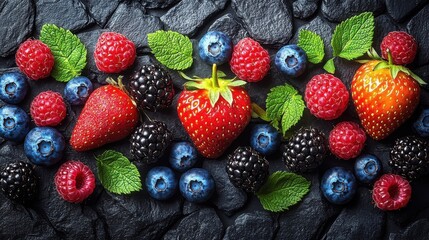 Assortment of Fresh Berries Including Strawberries Blueberries Blackberries and Raspberries