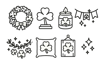 Fototapeta premium Festive St. Patrick's Icons. St. Patrick’s Day Home Decor set in outline vector style: wreath, tabletop clover, candle jar, fabric bunting, leafy garland, cozy cushion, wood plaque, subtle sparkle