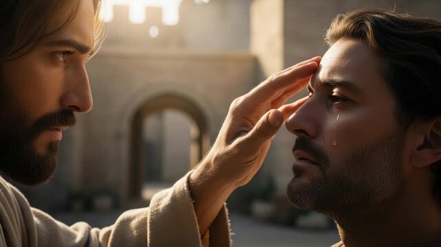 Jesus Christ healing a blind man. Biblical scene of a miracle, touch and faith. Religious story and Christian teachings footage.