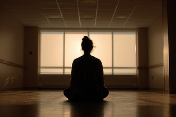 Person meditating in empty room with warm light, mental health, therapy and emotional recovery concept