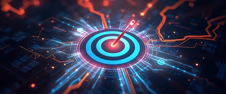 Futuristic digital arrow hits target with precision, while the camera slowly pans across a dynamic, glowing circuit board, creating a cinematic and immersive technology landscape.
