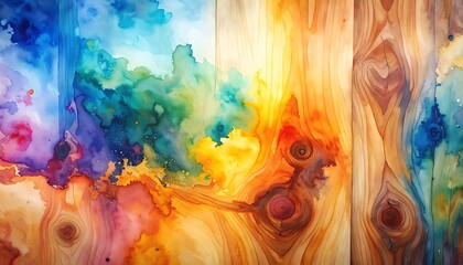 Wood panel overlaid with abstract watercolor splashes in vibrant blues, yellows, greens, and purples