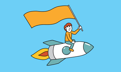 旗を掲げてロケットに乗って飛び立つ成長と挑戦のイメージ