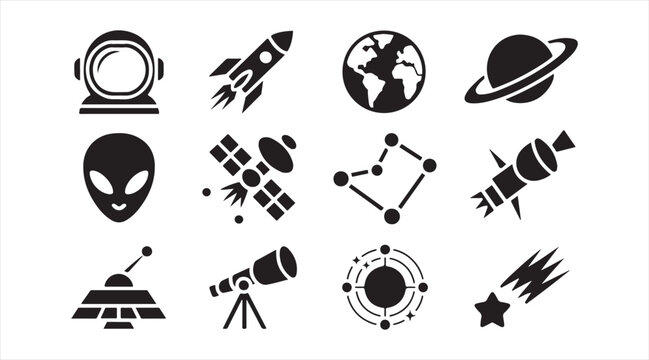 Minimal space exploration and astronomy icon collection in flat black style