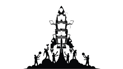 Silhouette of people building a tower with blocks