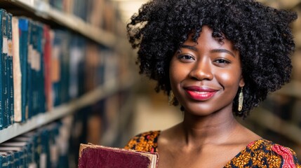 Woman holds a book in library while smiling among shelves of books