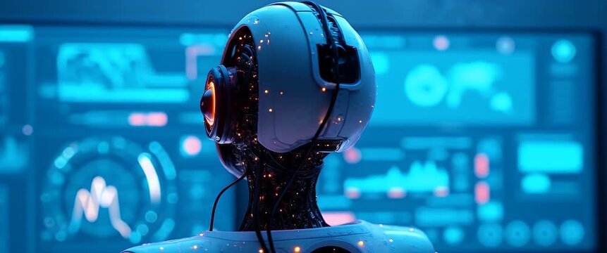 Futuristic AI robot analyzes data on glowing screens, head turning slightly, as the camera gently pans across the high-tech control room; cinematic, tech-inspired ambiance.