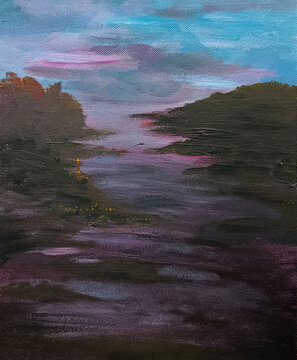 A night coastal landscape in blue and purple tones. Relaxing atmosphere. Slow life. Cozy wallpaper. A black castle with lighthouse. Coastal panorama. Handmade romantic acrylic illustration.