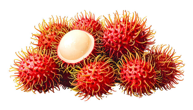 A vibrant close-up showcasing exotic rambutan fruits, displaying their spiky red shells and a peeled fruit revealing its juicy white flesh