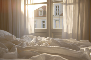 A bed with white sheets and a window with a view of a building