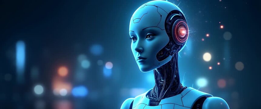 Futuristic humanoid robot gazes contemplatively as neon city lights flicker in the background, with a cinematic slow pan capturing the serene, high-tech ambiance and digital innovation theme.
