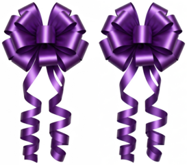 Valentine PNG, Two fluffy bright purple pom pom bows with long spiraling curled ribbons for gift wrapping and party decoration isolated on transparent background