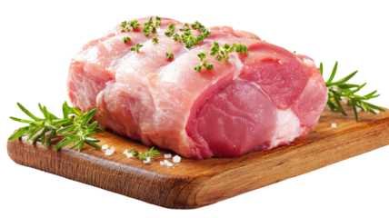Fresh raw pork chops and red beef steak fillets with rosemary and parsley on a butcher cutting board isolated on white for a healthy dinner cooking meal