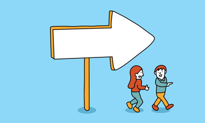 矢印の看板が示す方向へ歩いていく男女のイラスト