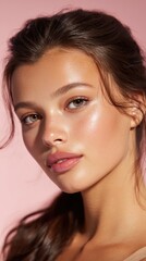 Obraz premium Woman with natural glowing skin and fresh makeup, creating a beauty portrait with healthy complexion, emphasizing youth, skincare, and natural cosmetics against a pink background