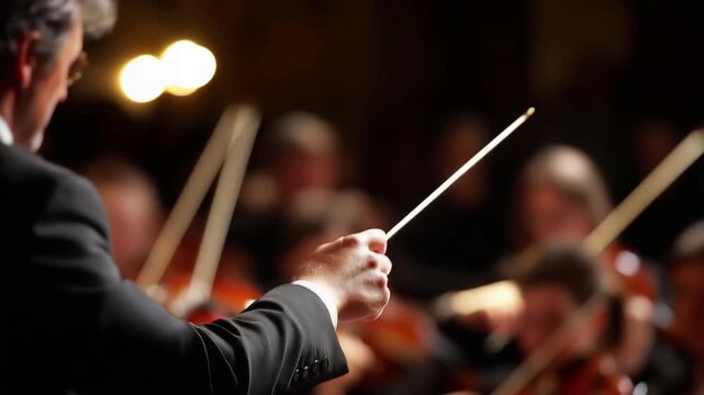 Side shot of a conductor leading orchestra baton waving musicians focused