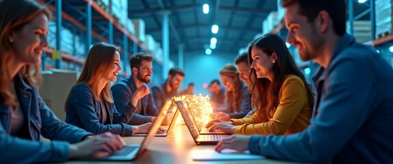 Collaborative teamwork in a modern warehouse as colleagues engage with glowing laptops, camera steadily tracks, ambient lights gently flicker, in a cinematic style. - Powered by Adobe