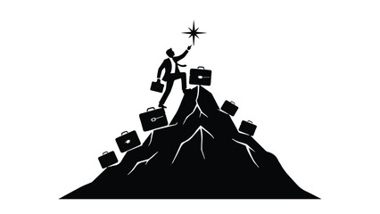 Businessman reaching for success on mountain with briefcases