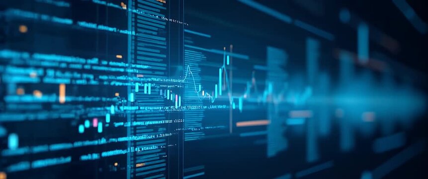 Dynamic digital code streams across a futuristic screen as the camera gracefully pans, with data flow and network connectivity enhancing the cinematic, high-tech atmosphere.
