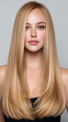 Naklejka premium Blonde woman with long straight hair, showcasing healthy, smooth, and beautiful locks perfect for concepts related to hair care, beauty products, modeling, and elegant styling
