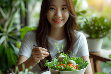 A woman is eating a salad with a spoon