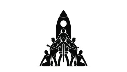 Silhouette of diverse group of people forming a human pyramid with a rocket ship