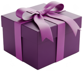 Valentine PNG, Luxurious deep purple square gift box tied with matching silk ribbon and bow isolated