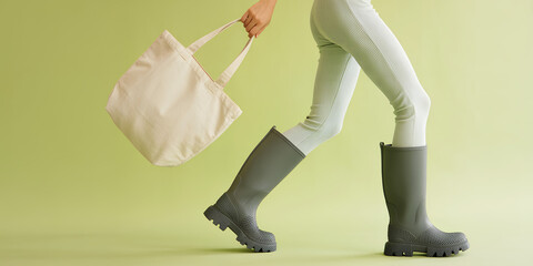 Woman in ribbed white leggings, olive green rain boots and cream tote bag walking on light yellow background