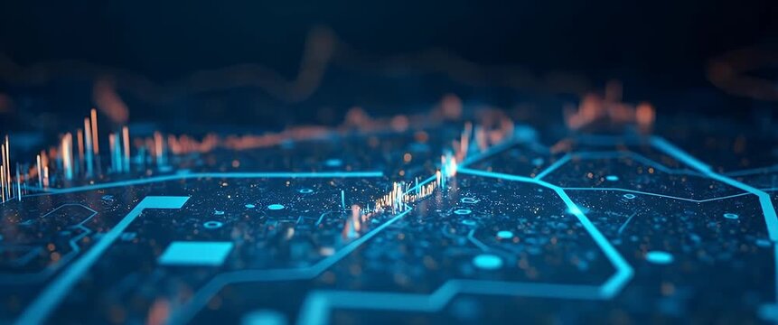 Futuristic digital data flow animation with hexagonal patterns and glowing lines, featuring gentle ambient motion; slow panoramic camera movement; cinematic, technology-focused style.
