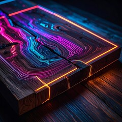Wood slab with swirling neon lights glowing in purple, orange and cyan, sitting on rustic wood planks