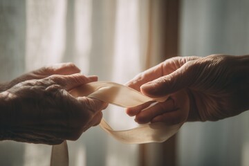 Two hands of different ages holding neutral ribbon, support, intergenerational care and empathy concept