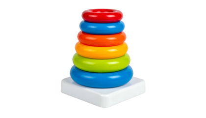 A vibrant, colorful stacking toy featuring a stack of graduated rings in various hues, placed atop a small, white square