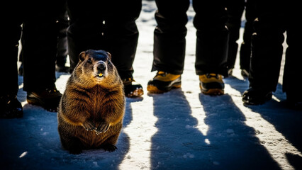 A groundhog, likely Punxsutawney Phil, stands prominently on a snowy surface surrounded by the legs and boots of spectators during the annual Groundhog Day ceremony, predicting the arrival of spring.