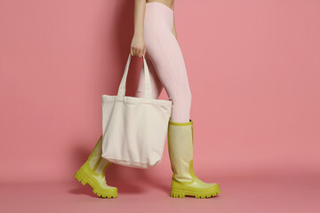 Minimal tote bag mockup held by woman in green rubber boots on pink background &mdash; stylish lifestyle concept