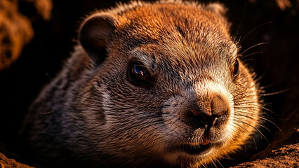 A close-up portrait of a furry groundhog (Marmota monax) emerging from its dark burrow, often associated with the annual Groundhog Day tradition predicting the arrival of spring.