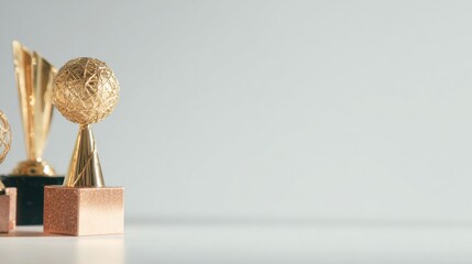 Trophies displayed on a table in a simple setting with empty space